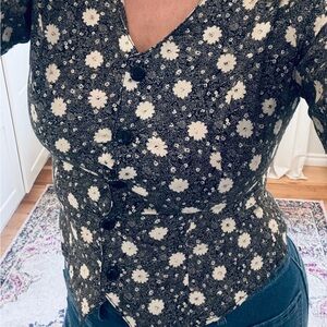 Vintage Floral Button Front Top V-Neck Short Sleeve Y2K Grunge Fairy